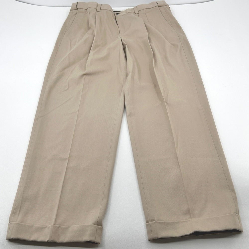 Eddie Bauer Pleated Dress Chinos Mens 35 Oyster Beige Relaxed Fit Classic Preppy